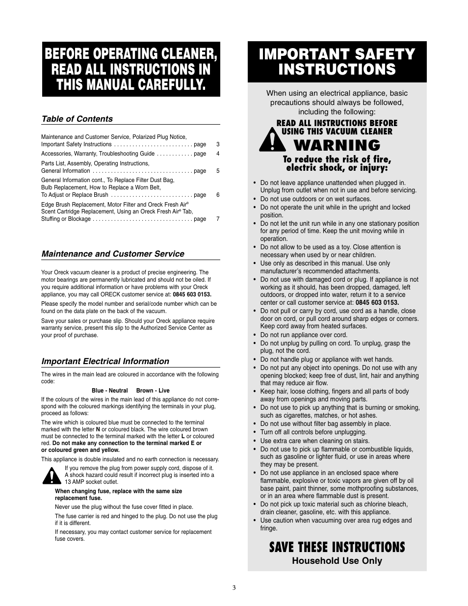 Important safety instructions, Warning, Save these instructions | Oreck XL7 605 EYB User Manual | Page 4 / 8