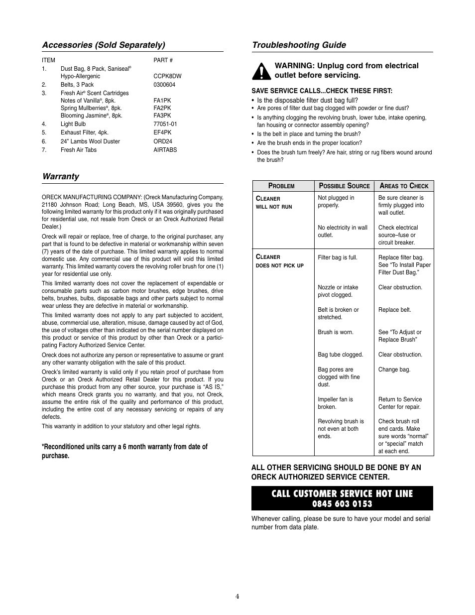 Call customer service hot line, Troubleshooting guide, Accessories (sold separately) | Warranty | Oreck XL7 605 EYB User Manual | Page 5 / 8