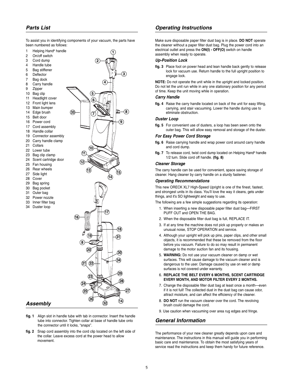 Parts list, Assembly, Operating instructions | General information | Oreck XL7 605 EYB User Manual | Page 6 / 8