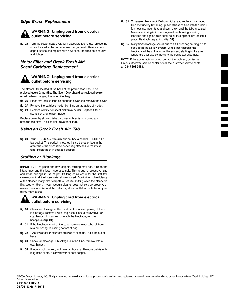 Edge brush replacement, Motor filter and oreck fresh air, Scent cartridge replacement | Using an oreck fresh air, Stuffing or blockage | Oreck XL7 605 EYB User Manual | Page 8 / 8