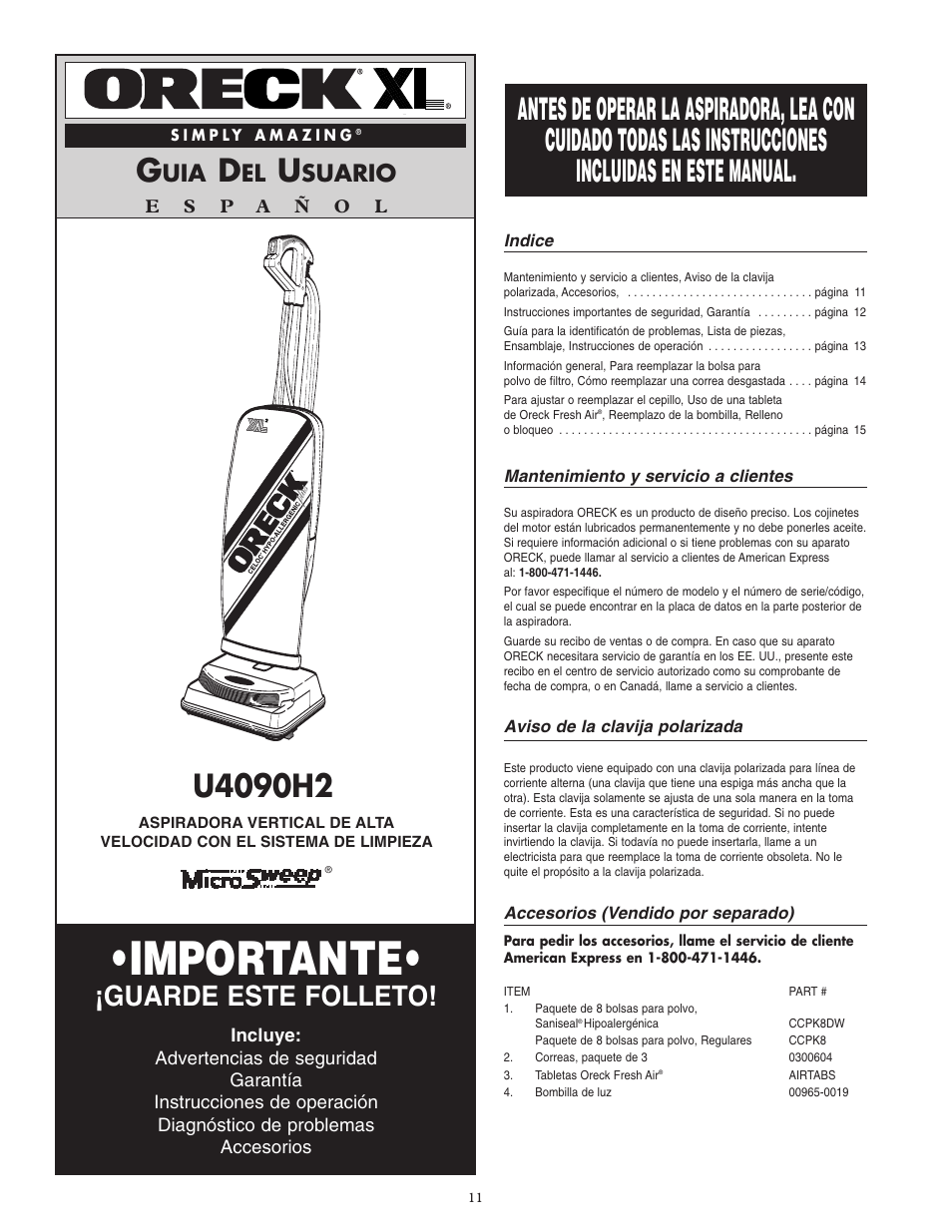 Importante, Guarde este folleto, Suario | Oreck MICROSWEEP U4090H2 User Manual | Page 12 / 16
