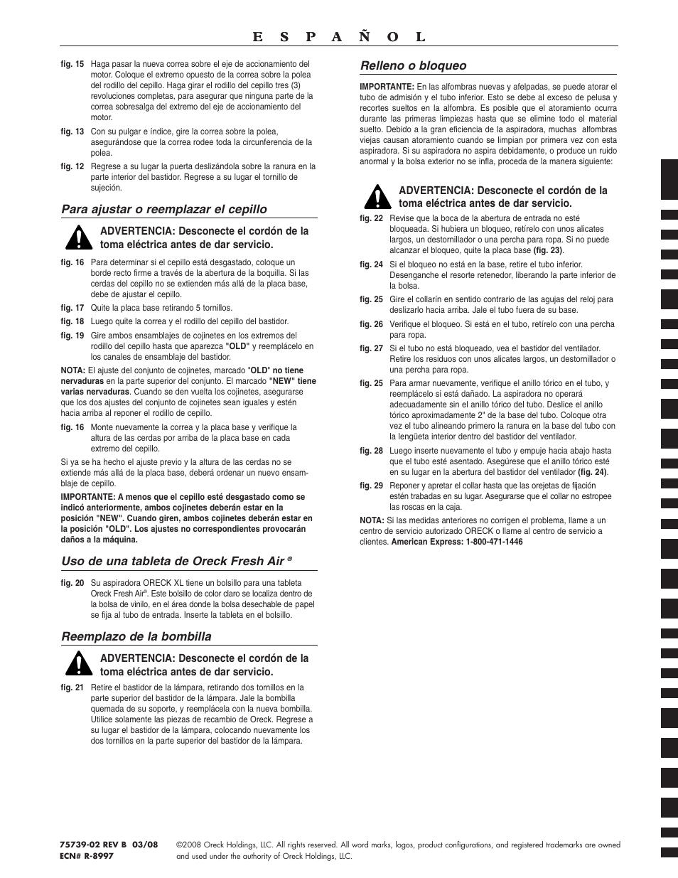 Para ajustar o reemplazar el cepillo, Uso de una tableta de oreck fresh air, Reemplazo de la bombilla | Relleno o bloqueo | Oreck MICROSWEEP U4090H2 User Manual | Page 16 / 16
