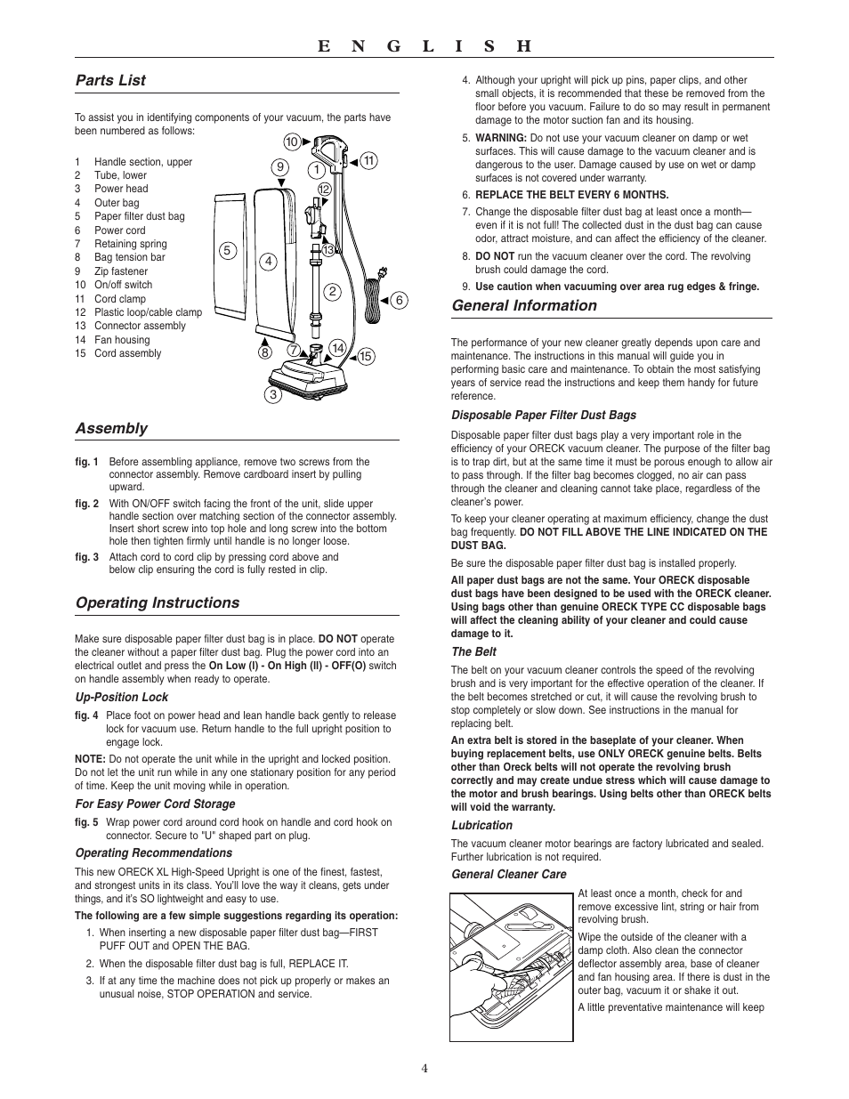 General information, Parts list, Assembly | Operating instructions | Oreck MICROSWEEP U4090H2 User Manual | Page 5 / 16