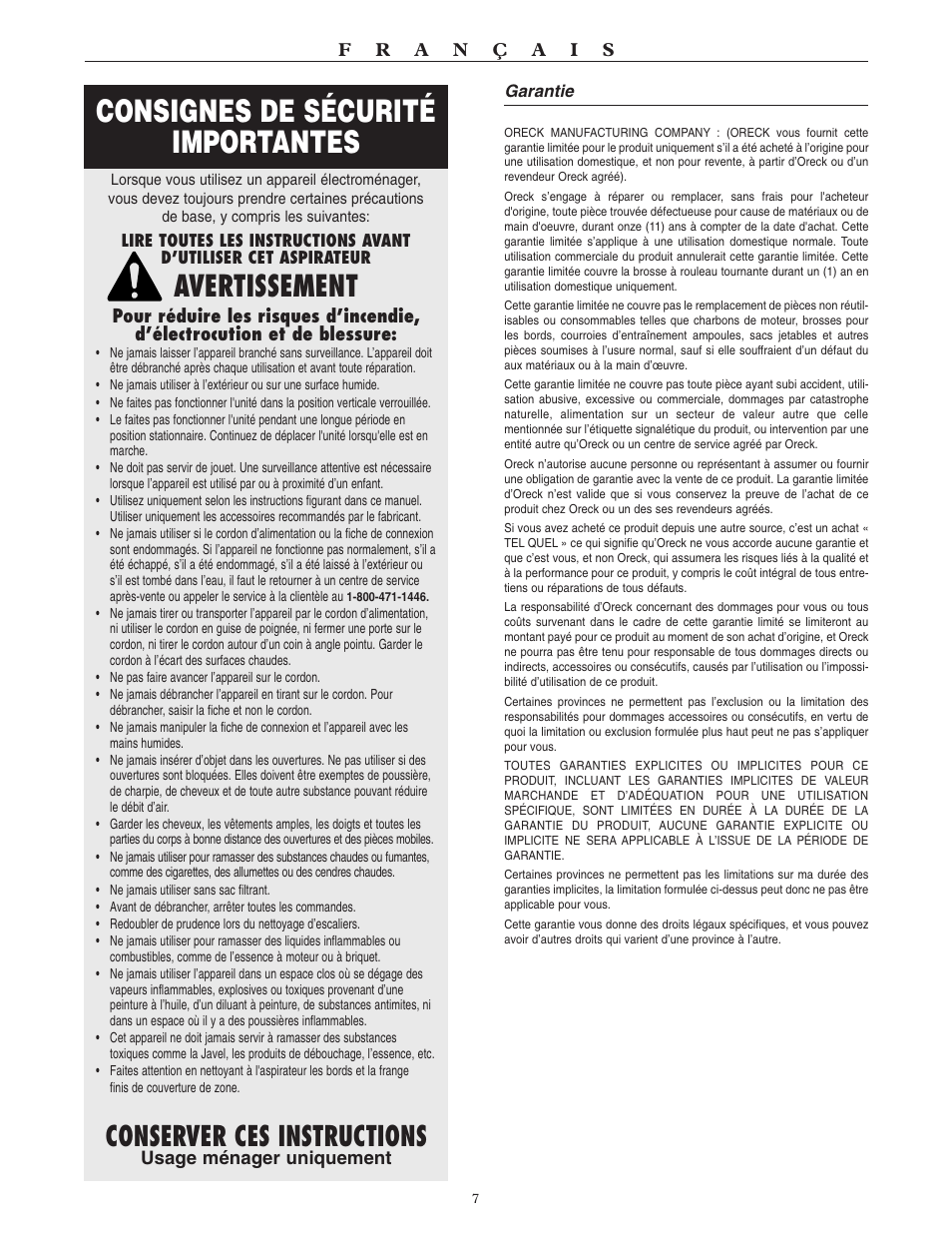 Consignes de sécurité importantes, Avertissement, Conserver ces instructions | Oreck MICROSWEEP U4090H2 User Manual | Page 8 / 16