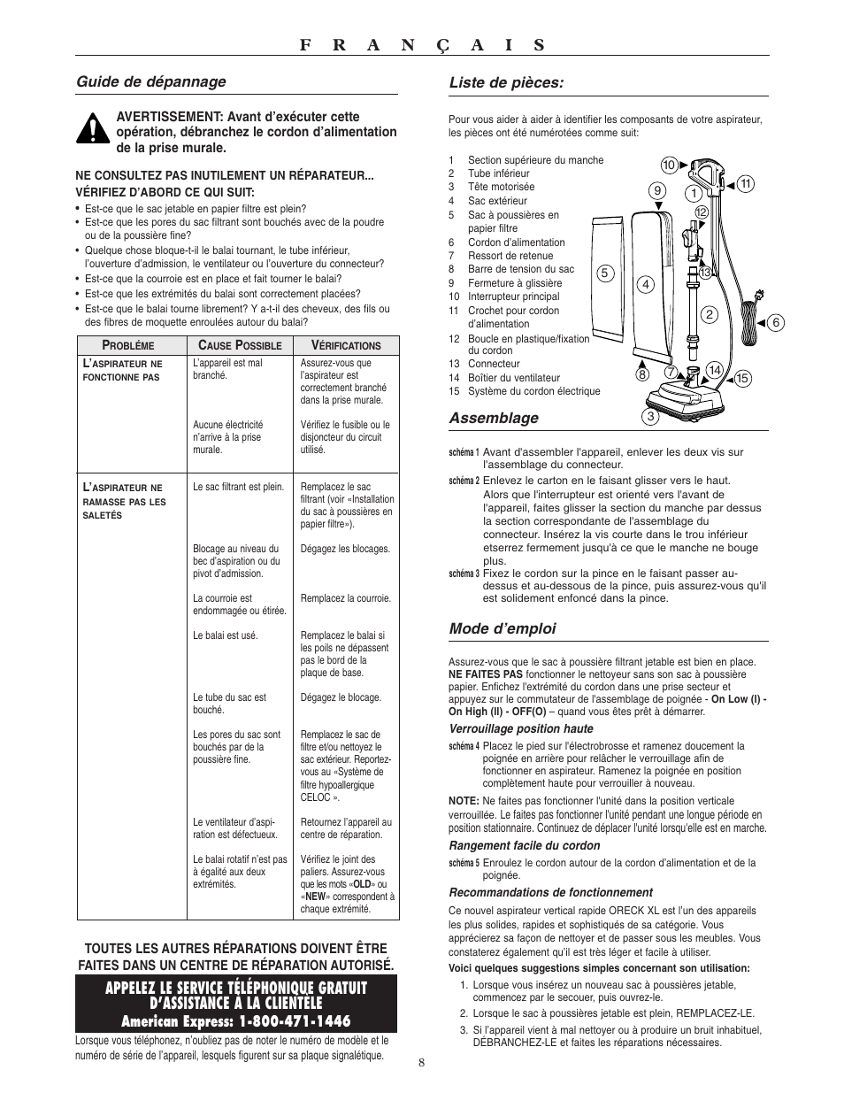 Guide de dépannage, Liste de pièces, Assemblage | Mode d’emploi | Oreck MICROSWEEP U4090H2 User Manual | Page 9 / 16