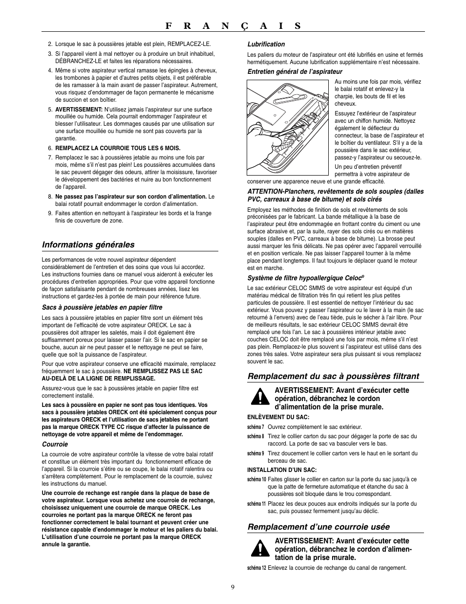 Informations générales, Remplacement du sac à poussières filtrant, Remplacement d’une courroie usée | Oreck U3700HH User Manual | Page 10 / 16