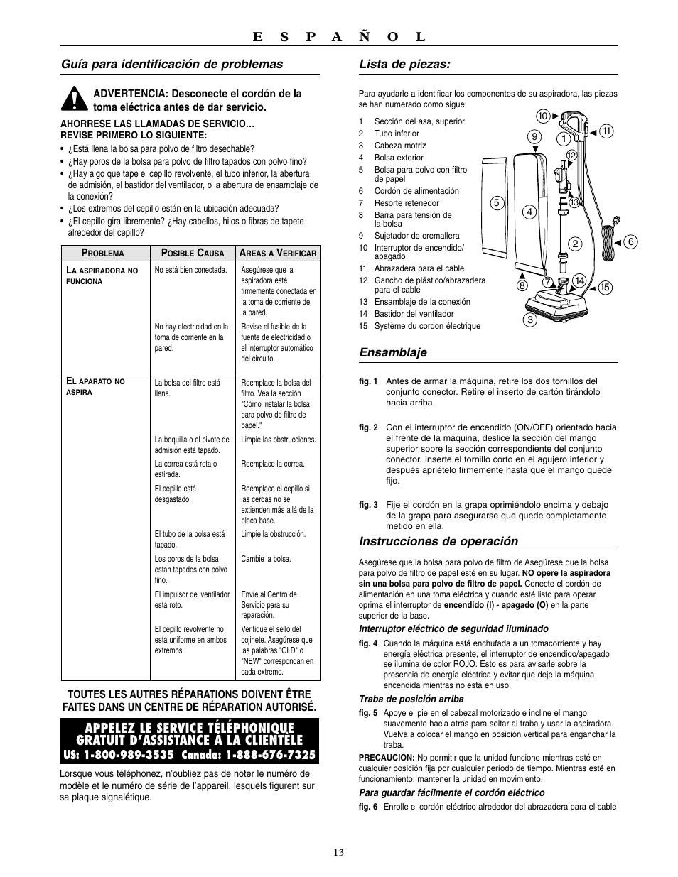 Guía para identificación de problemas, Lista de piezas, Ensamblaje | Instrucciones de operación | Oreck U3700HH User Manual | Page 14 / 16
