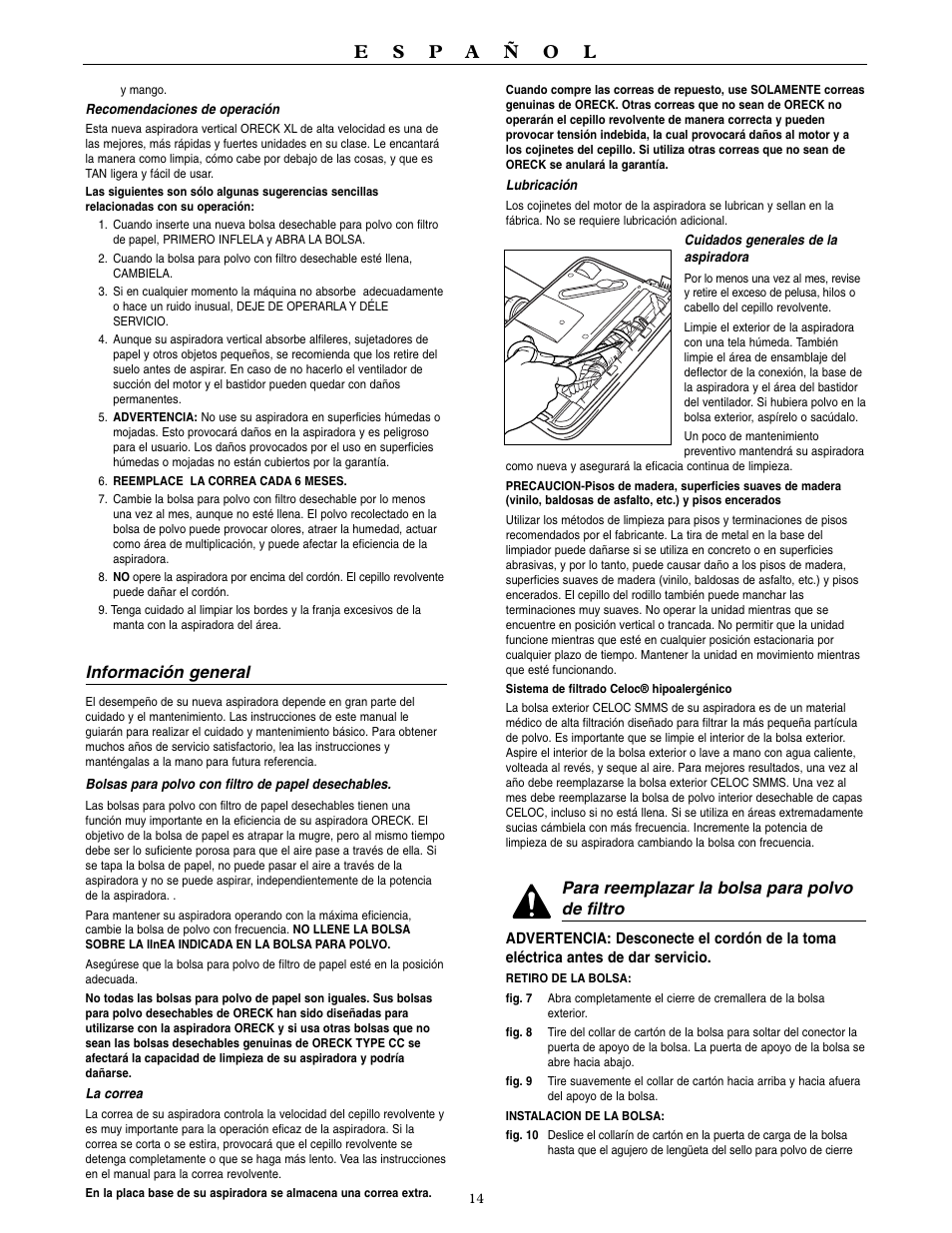 Información general, Para reemplazar la bolsa para polvo de filtro | Oreck U3700HH User Manual | Page 15 / 16