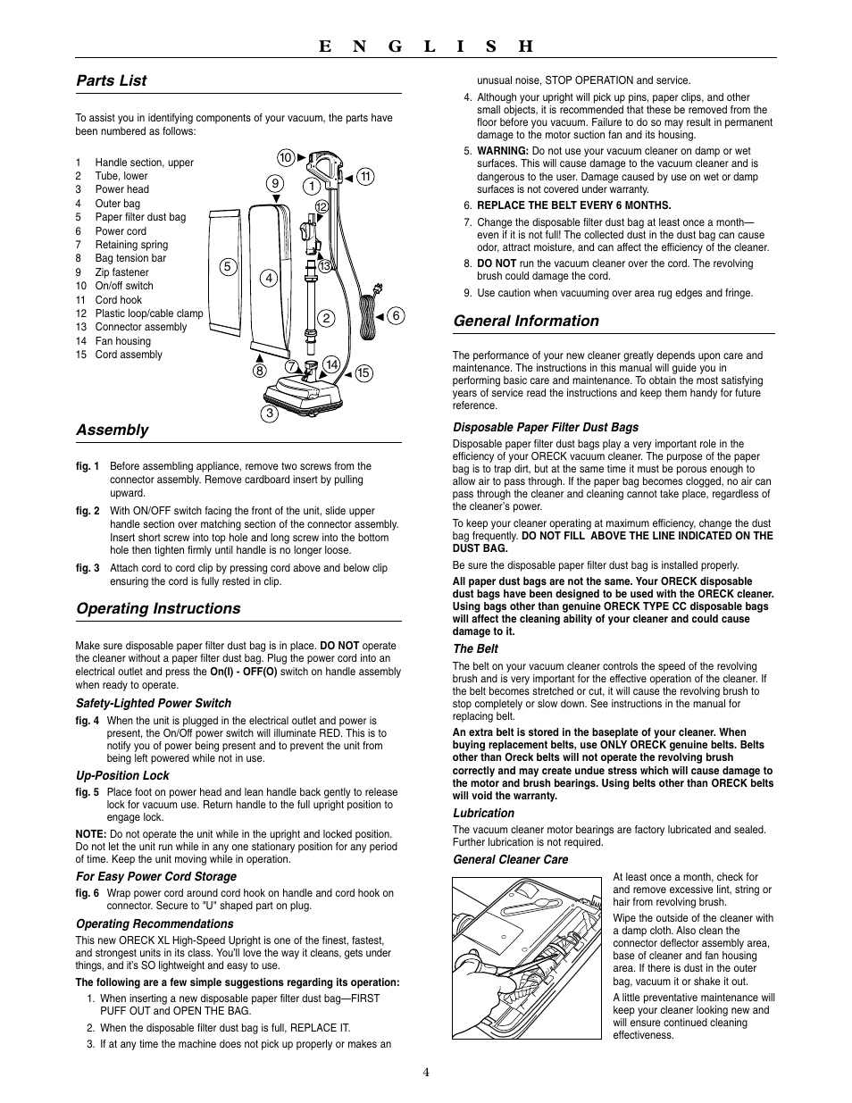 General information, Parts list, Assembly | Operating instructions | Oreck U3700HH User Manual | Page 5 / 16