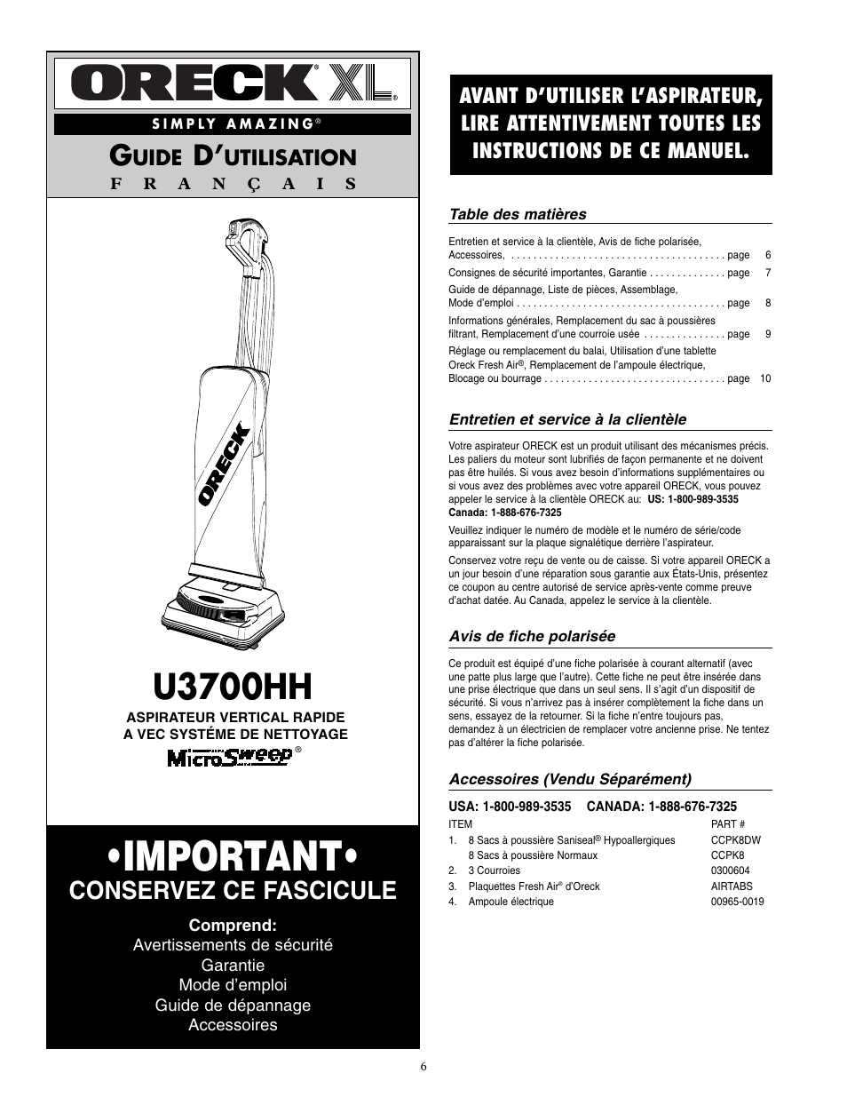 Important, U3700hh, Conservez ce fascicule | Uide, Utilisation | Oreck U3700HH User Manual | Page 7 / 16