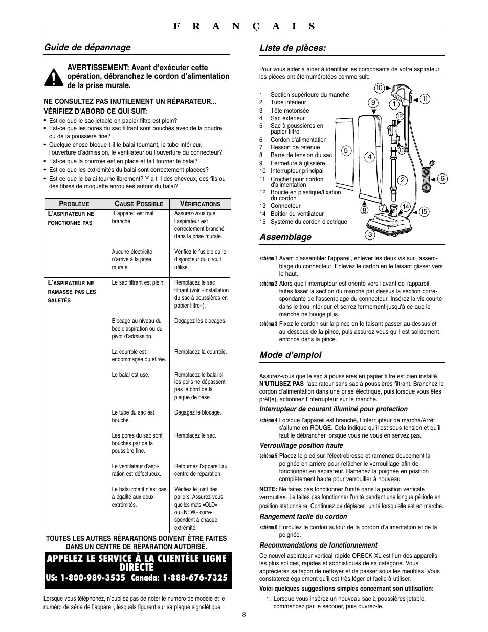 Appelez le service à la clientèle ligne directe, Guide de dépannage, Liste de pièces | Assemblage, Mode d’emploi | Oreck U3700HH User Manual | Page 9 / 16