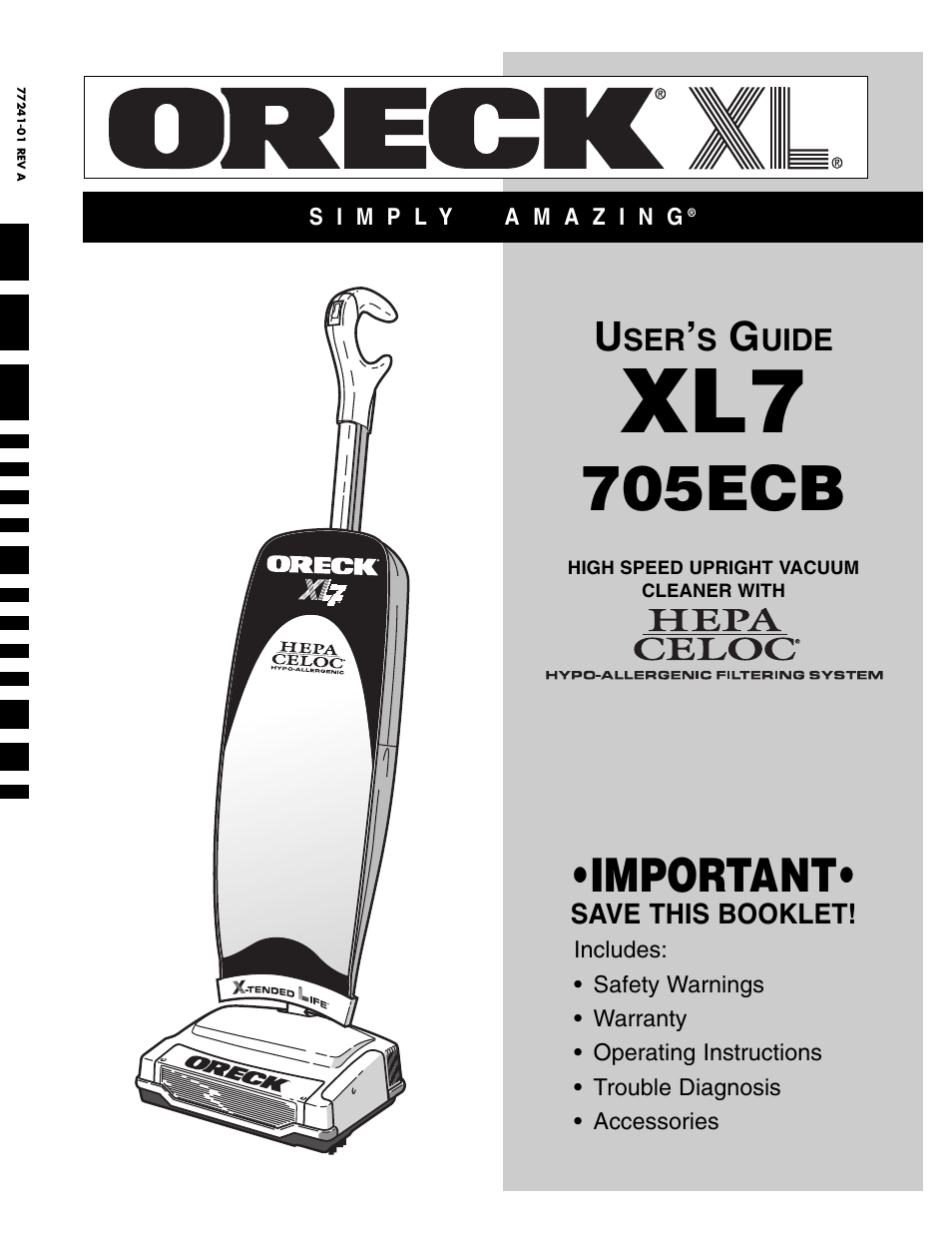 Oreck XL7705ECB User Manual | 8 pages