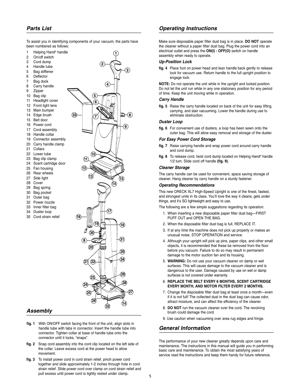 Parts list, Assembly, Operating instructions | General information | Oreck XL7705ECB User Manual | Page 6 / 8