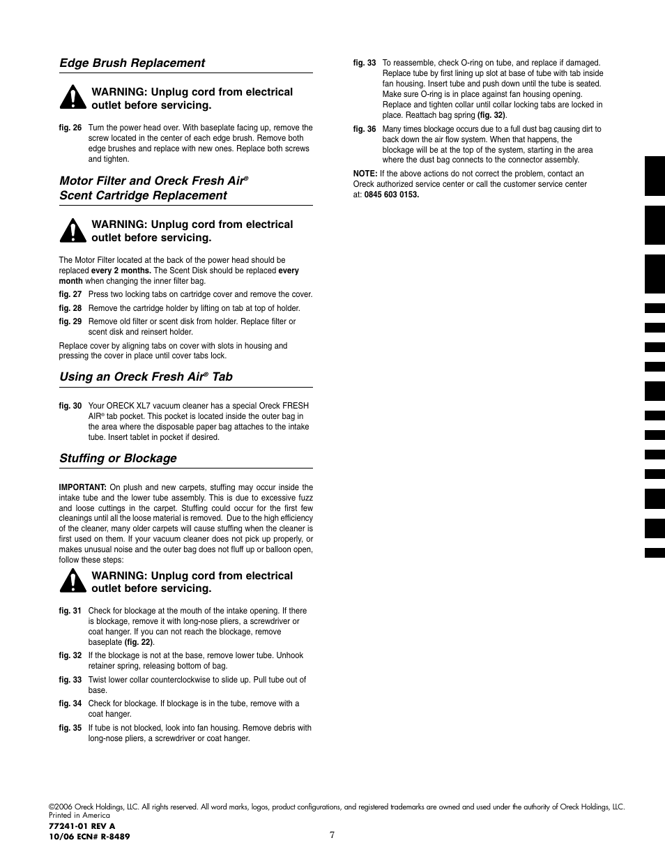 Edge brush replacement, Motor filter and oreck fresh air, Scent cartridge replacement | Using an oreck fresh air, Stuffing or blockage | Oreck XL7705ECB User Manual | Page 8 / 8