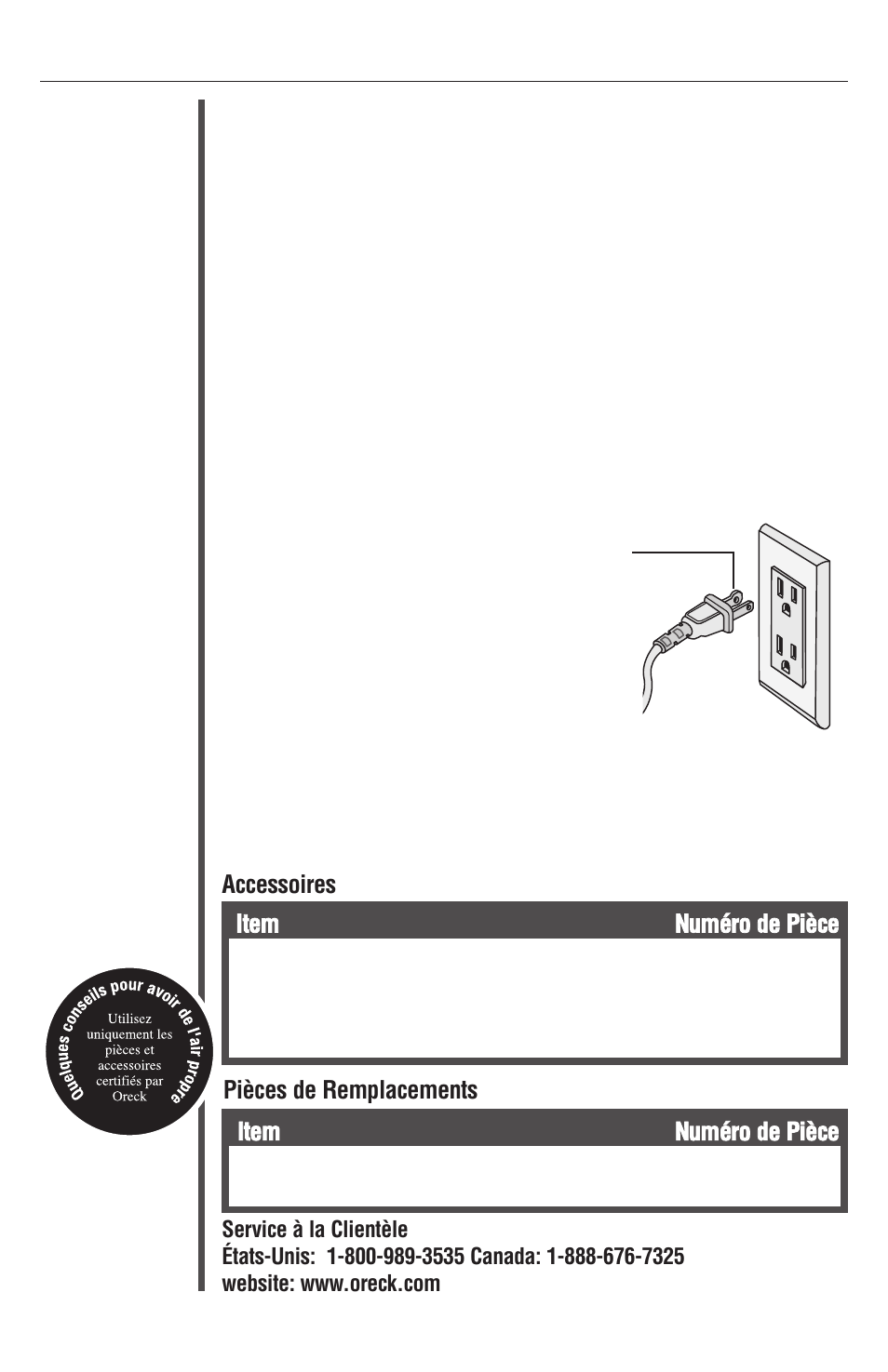 Pièces, Accessoires item numéro de pièce, Item numéro de pièce | Pièces de remplacements | Oreck XL Рrofessional air purifier AIRP Series User Manual | Page 17 / 36