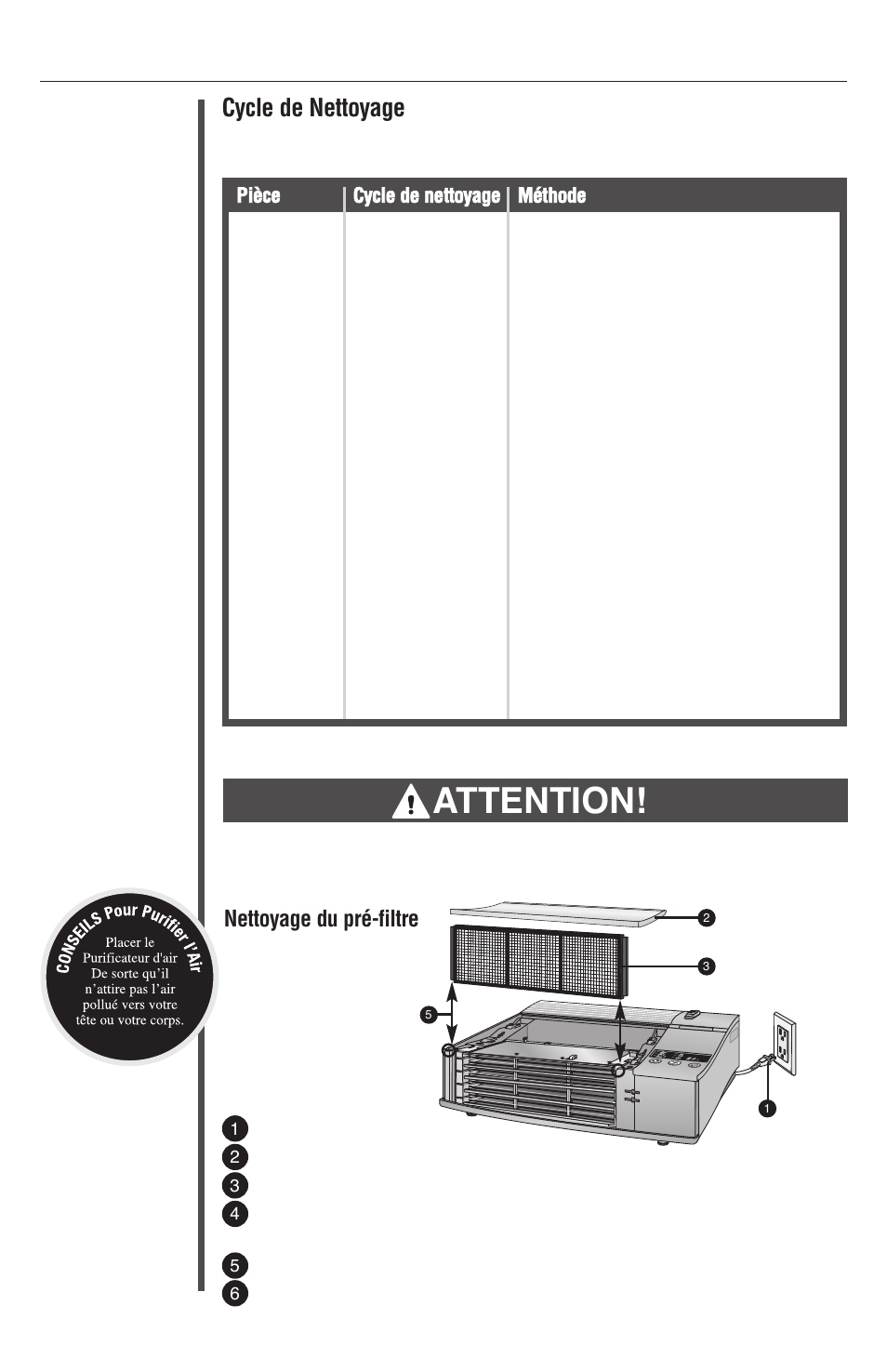 Nettoyage, Attention, Cycle de nettoyage | Nettoyage du pré-filtre | Oreck XL Рrofessional air purifier AIRP Series User Manual | Page 20 / 36