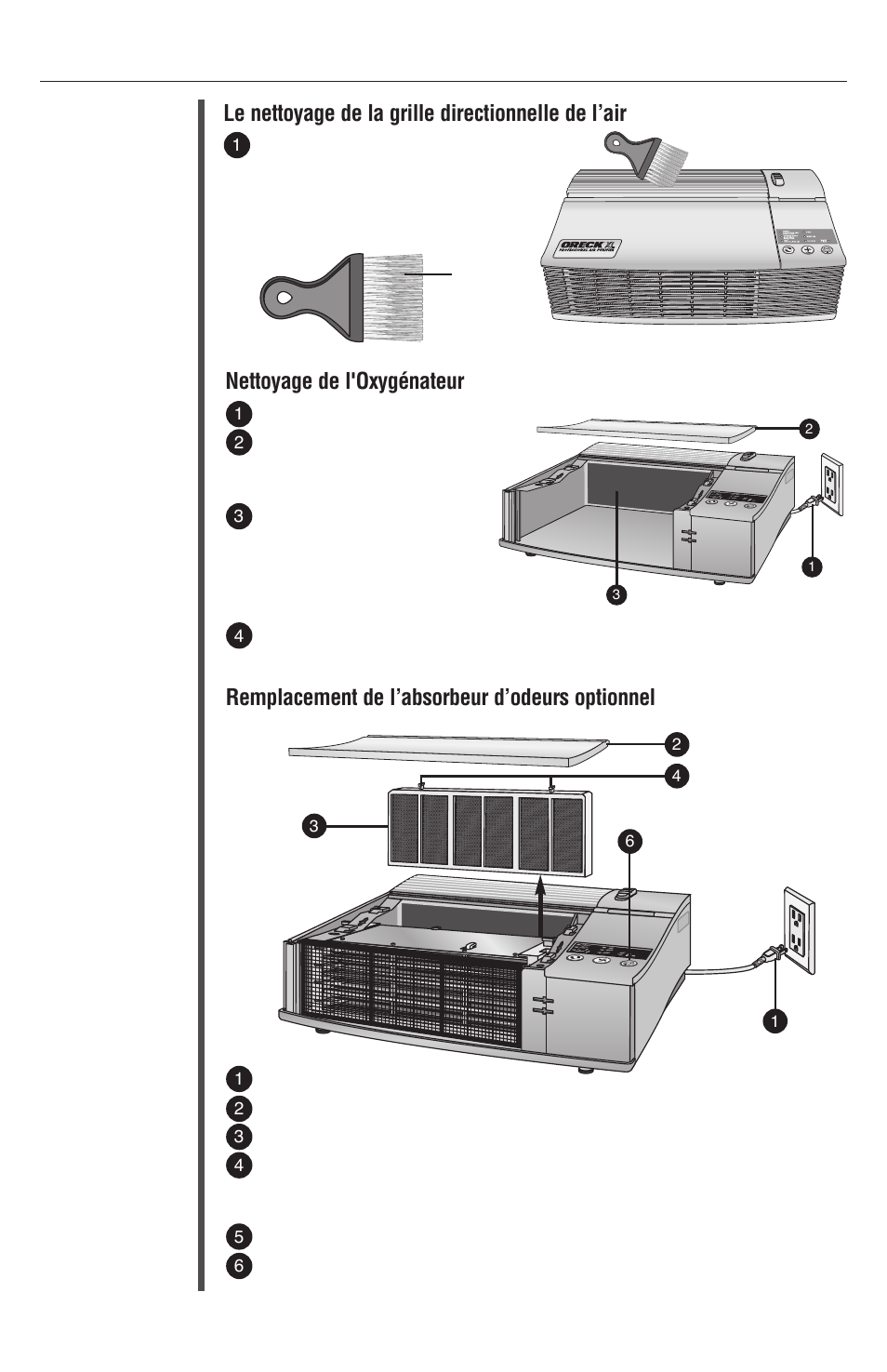 Entretien, Le nettoyage de la grille directionnelle de l’air, Nettoyage de l'oxygénateur | Remplacement de l’absorbeur d’odeurs optionnel | Oreck XL Рrofessional air purifier AIRP Series User Manual | Page 22 / 36