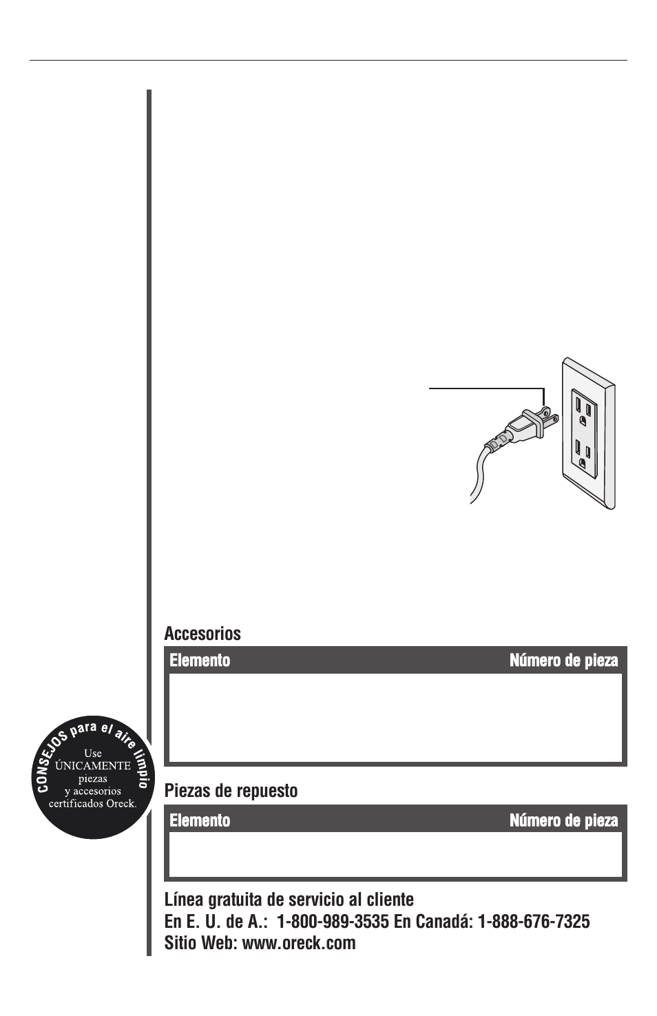 Piezas, Accesorios | Oreck XL Рrofessional air purifier AIRP Series User Manual | Page 29 / 36