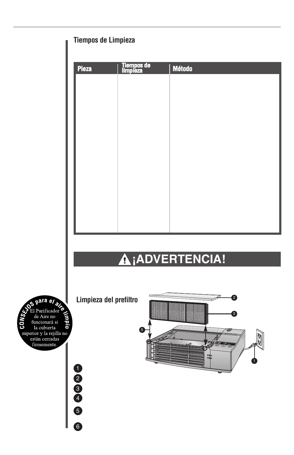 Limpieza, Advertencia, Limpieza del prefiltro | Tiempos de limpieza | Oreck XL Рrofessional air purifier AIRP Series User Manual | Page 32 / 36