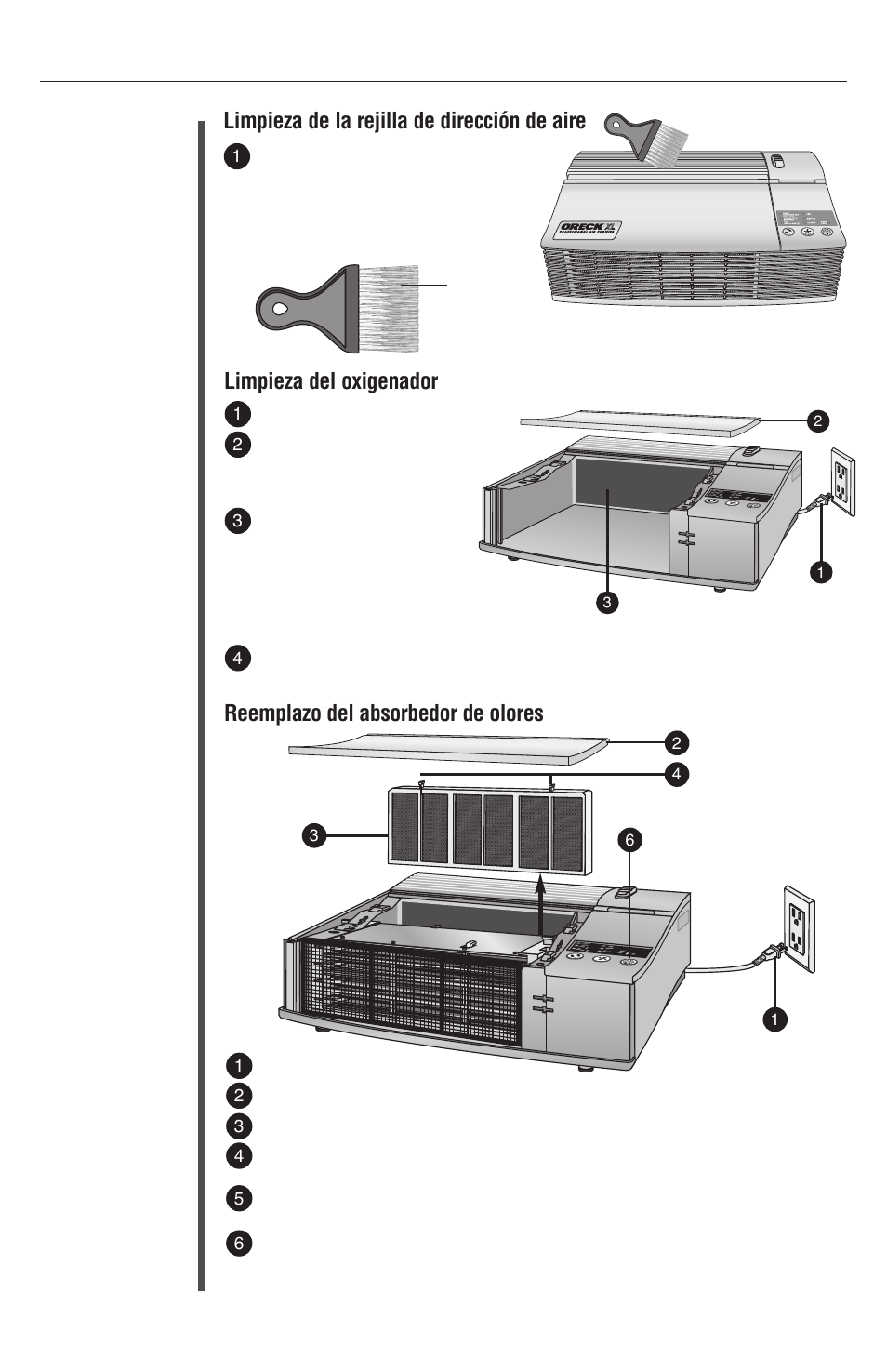 Mantenimiento, Limpieza de la rejilla de dirección de aire, Limpieza del oxigenador | Reemplazo del absorbedor de olores | Oreck XL Рrofessional air purifier AIRP Series User Manual | Page 34 / 36