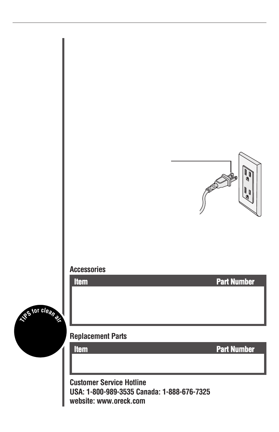 Parts, Accessories item part number, Item part number | Oreck XL Рrofessional air purifier AIRP Series User Manual | Page 5 / 36