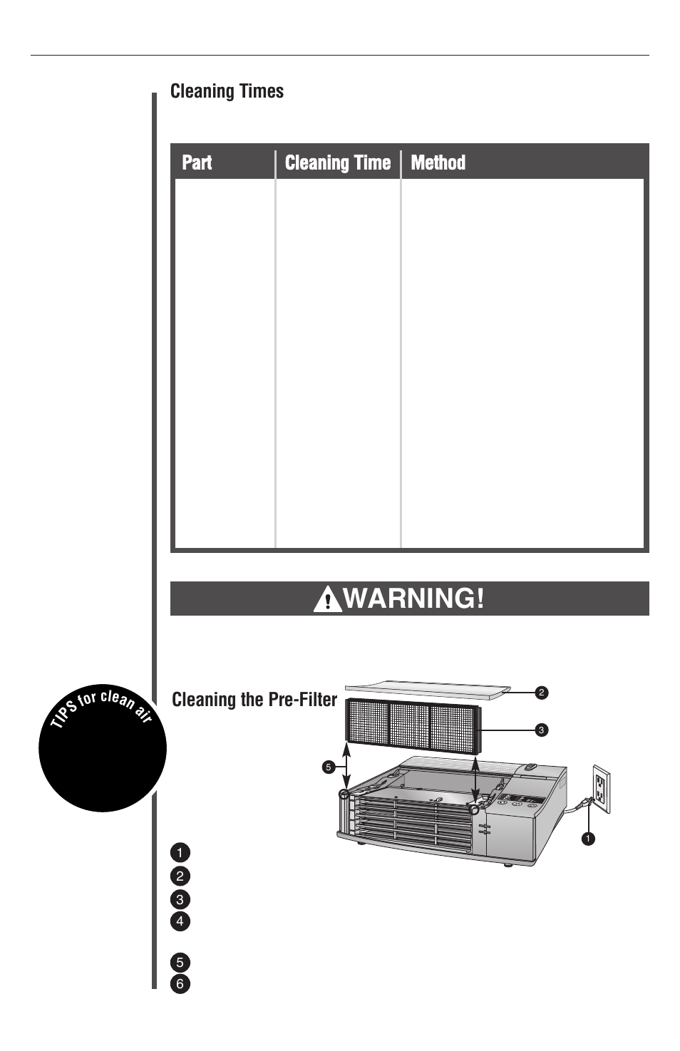Cleaning, Warning, Part cleaning time method | Cleaning the pre-filter, Cleaning times | Oreck XL Рrofessional air purifier AIRP Series User Manual | Page 8 / 36