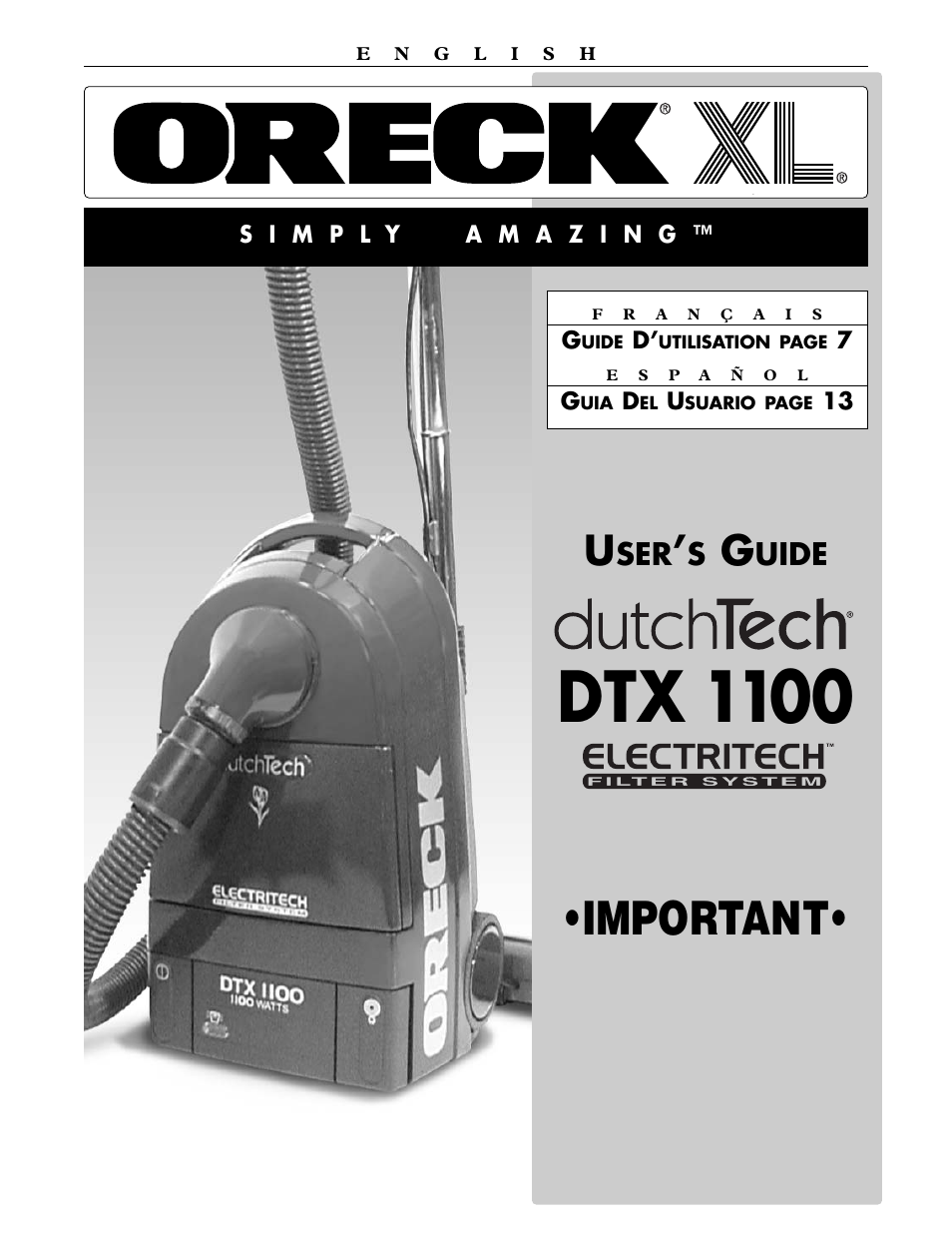 Oreck DUTCHTECH DTX 1100 User Manual | 19 pages