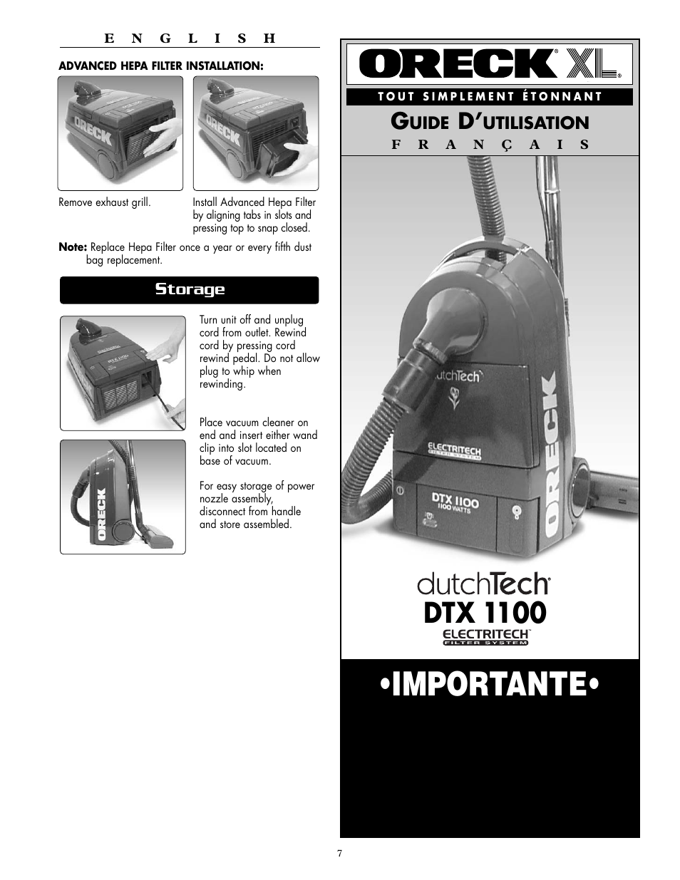 Importante, Dtx 1100, Conservez ce fascicule | Torage, Uide, Utilisation | Oreck DUTCHTECH DTX 1100 User Manual | Page 10 / 19