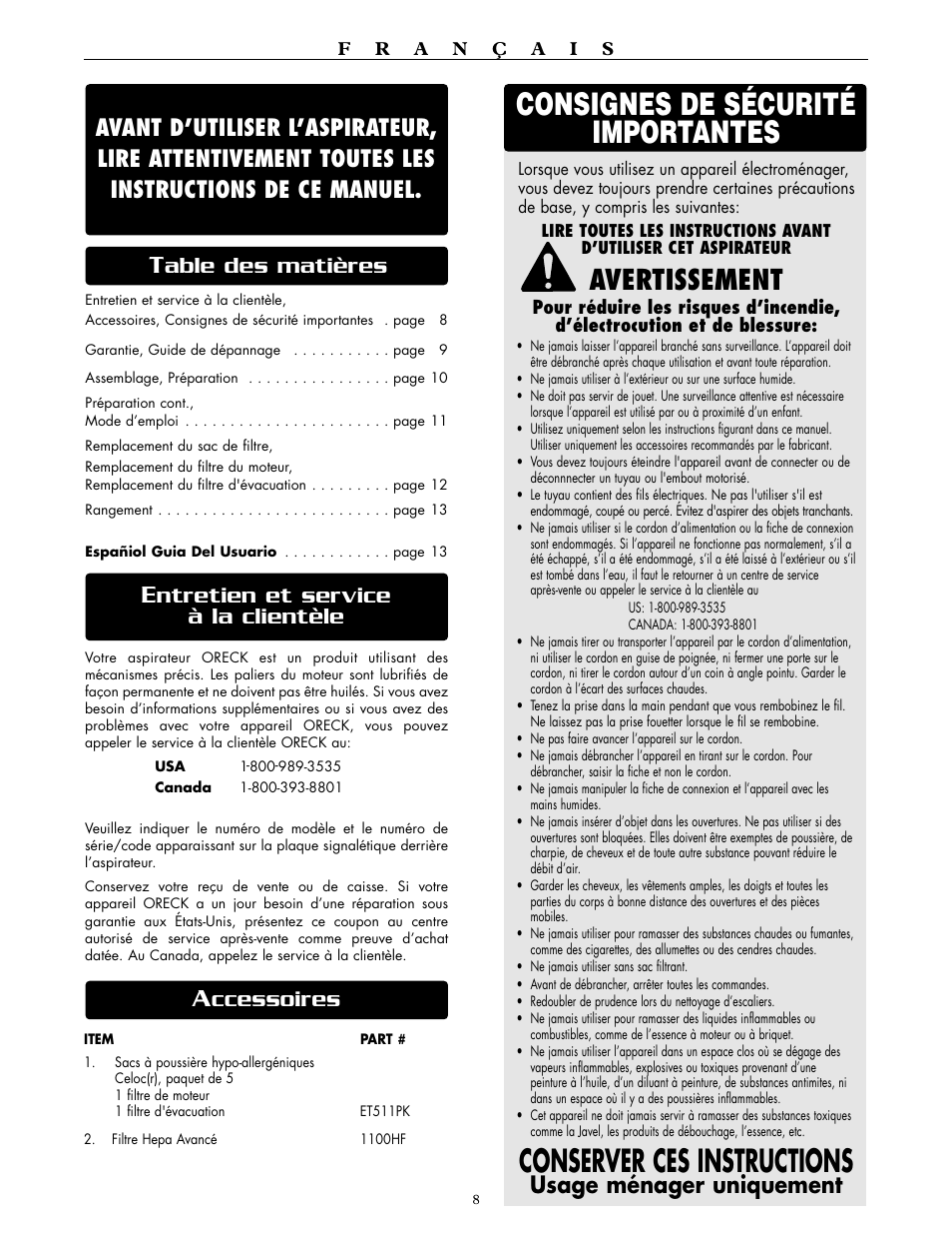 Avertissement, Ccessoires, Ntretien et service à la clientèle | Usage ménager uniquement | Oreck DUTCHTECH DTX 1100 User Manual | Page 11 / 19