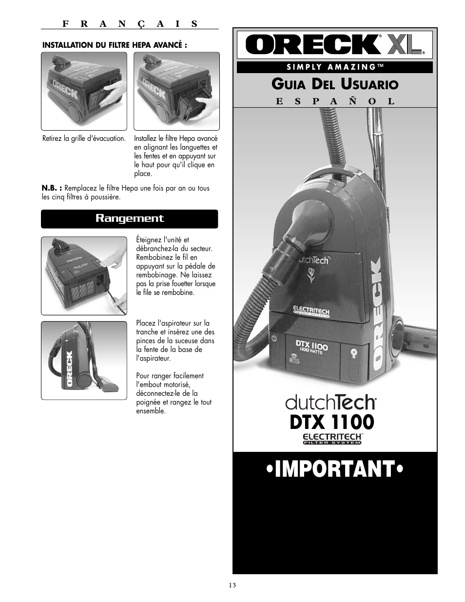Important, Dtx 1100, Guarde este folleto | Oreck DUTCHTECH DTX 1100 User Manual | Page 12 / 19