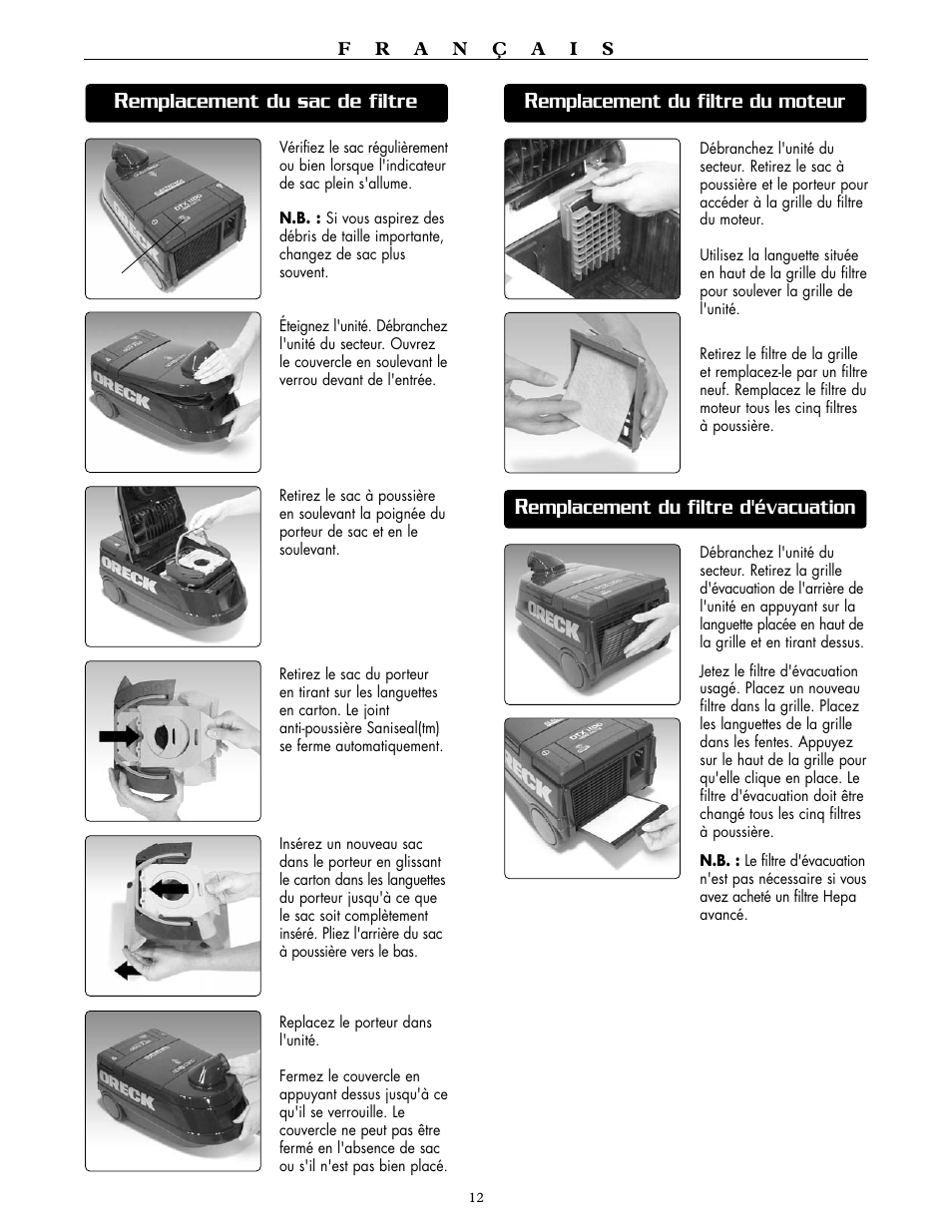 Emplacement du filtre du moteur, Emplacement du filtre d'évacuation, Emplacement du sac de filtre | Oreck DUTCHTECH DTX 1100 User Manual | Page 13 / 19