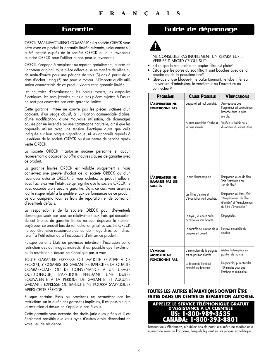 Arantie, Uide de dépannage | Oreck DUTCHTECH DTX 1100 User Manual | Page 14 / 19