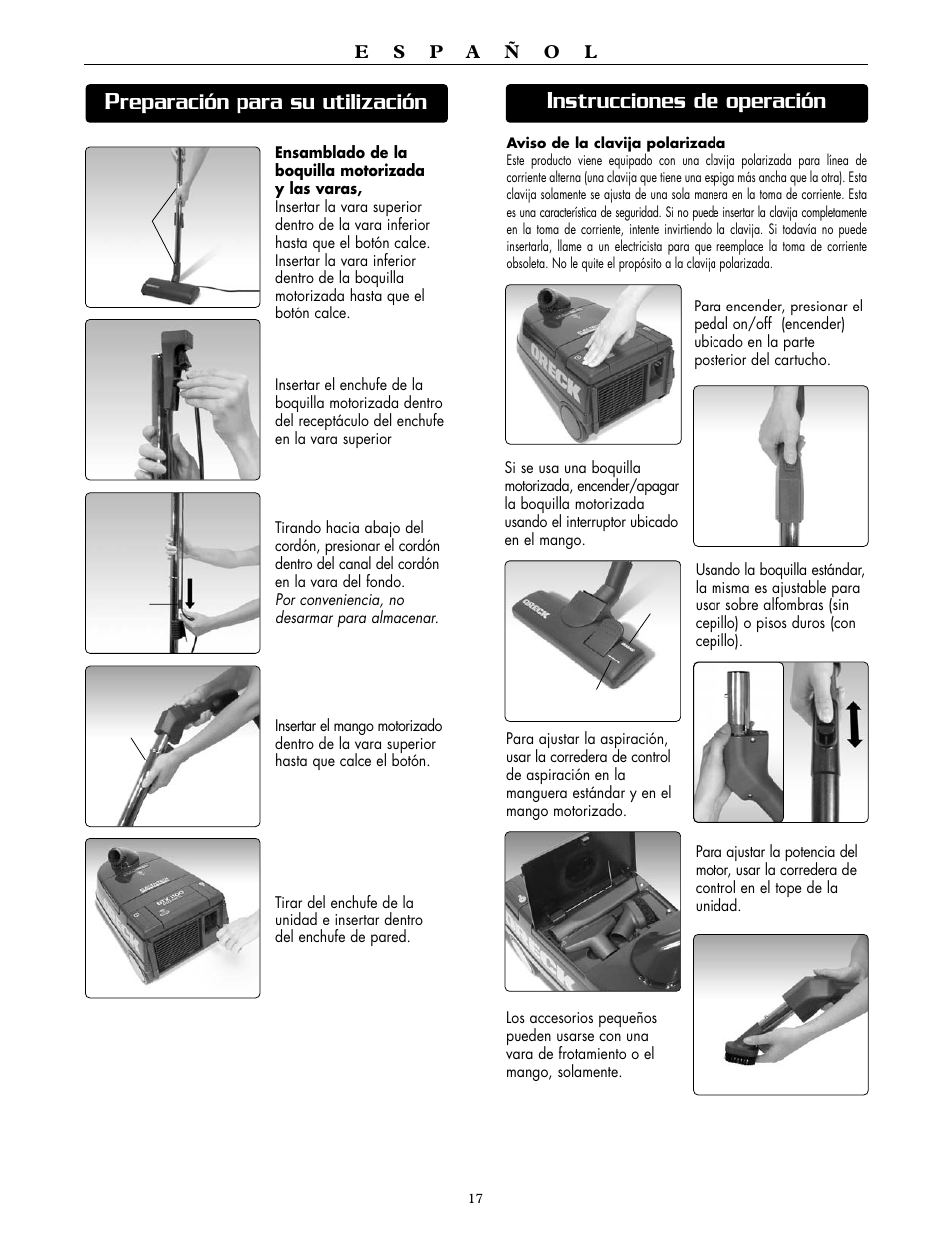 Reparación para su utilización, Nstrucciones de operación | Oreck DUTCHTECH DTX 1100 User Manual | Page 17 / 19