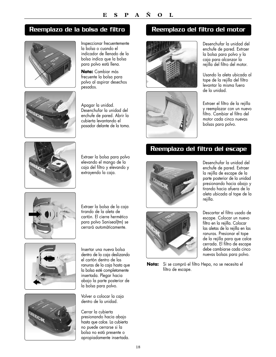 Eemplazo del filtro del motor, Eemplazo del filtro del escape, Eemplazo de la bolsa de filtro | Oreck DUTCHTECH DTX 1100 User Manual | Page 18 / 19