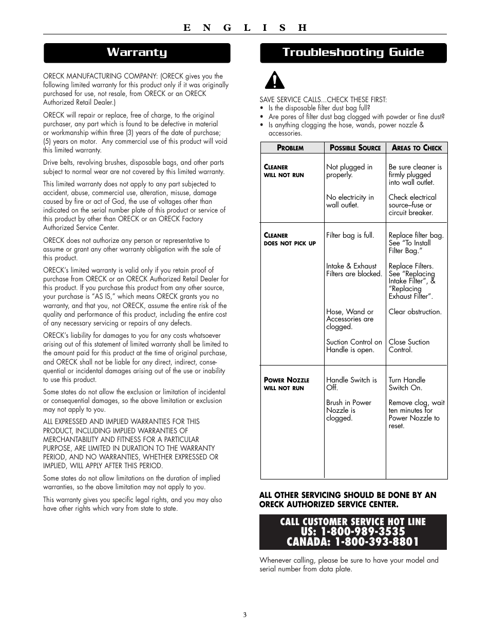 Roubleshooting, Uide, Arranty | Oreck DUTCHTECH DTX 1100 User Manual | Page 3 / 19