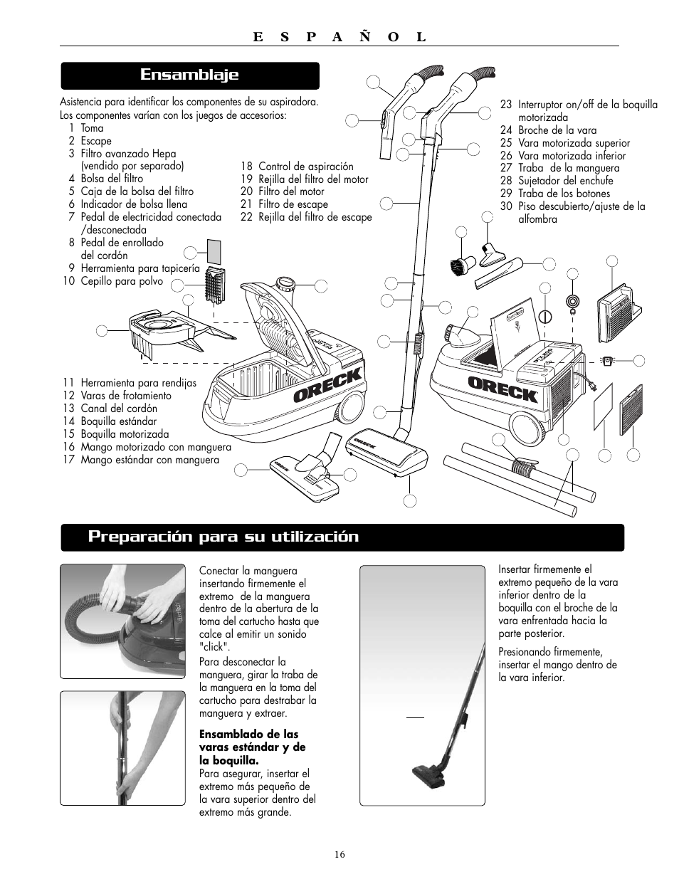 Nsamblaje, Reparación para su utilización | Oreck DUTCHTECH DTX 1100 User Manual | Page 5 / 19