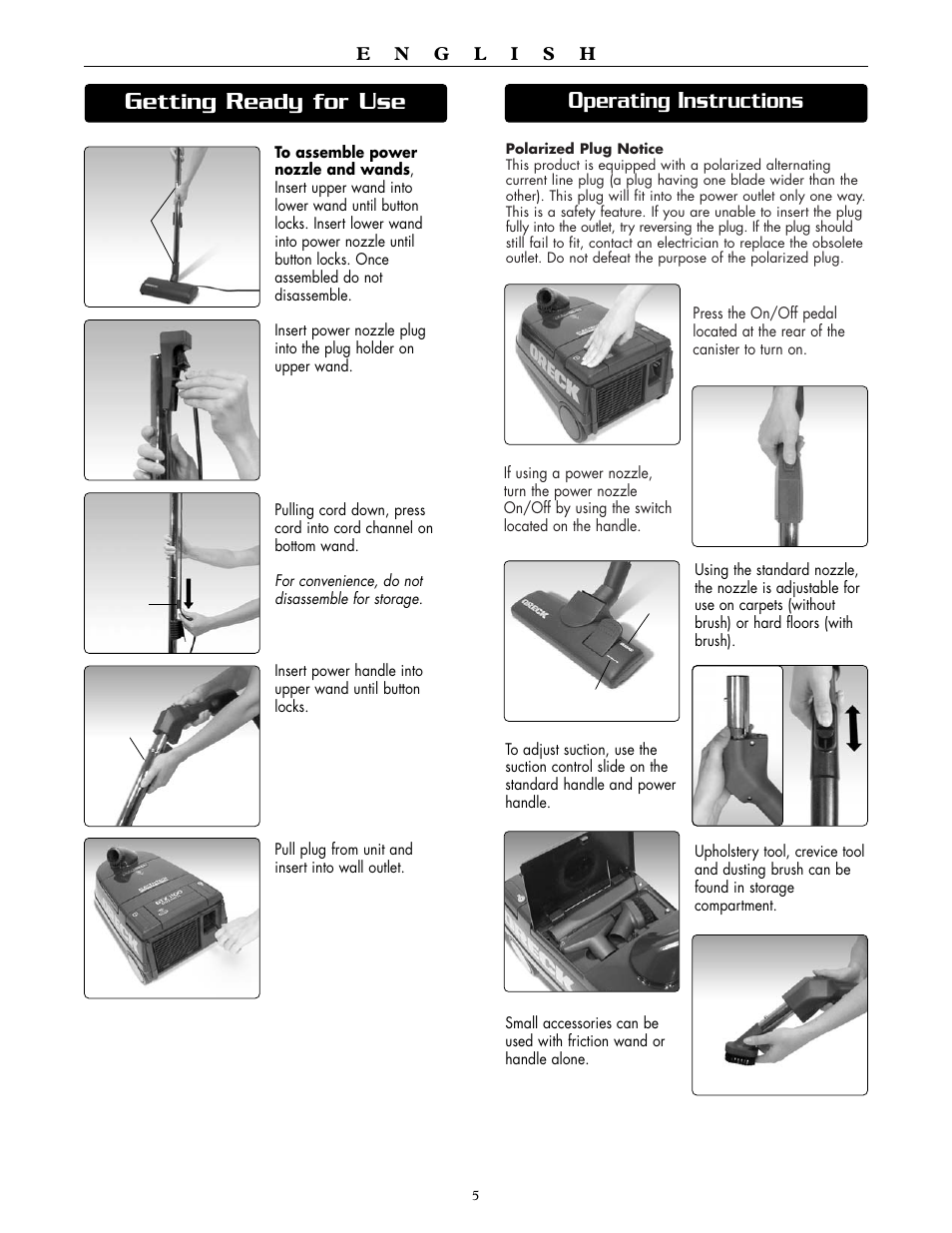 Etting, Eady for, Perating | Nstructions | Oreck DUTCHTECH DTX 1100 User Manual | Page 6 / 19