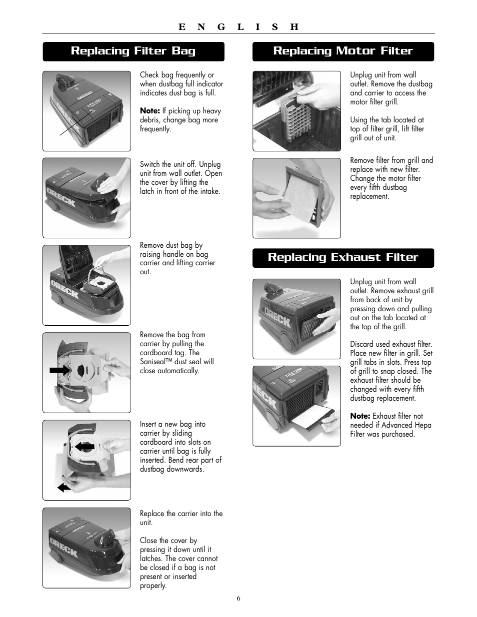 Motor f, Eplacing, Ilter | Xhaust | Oreck DUTCHTECH DTX 1100 User Manual | Page 7 / 19