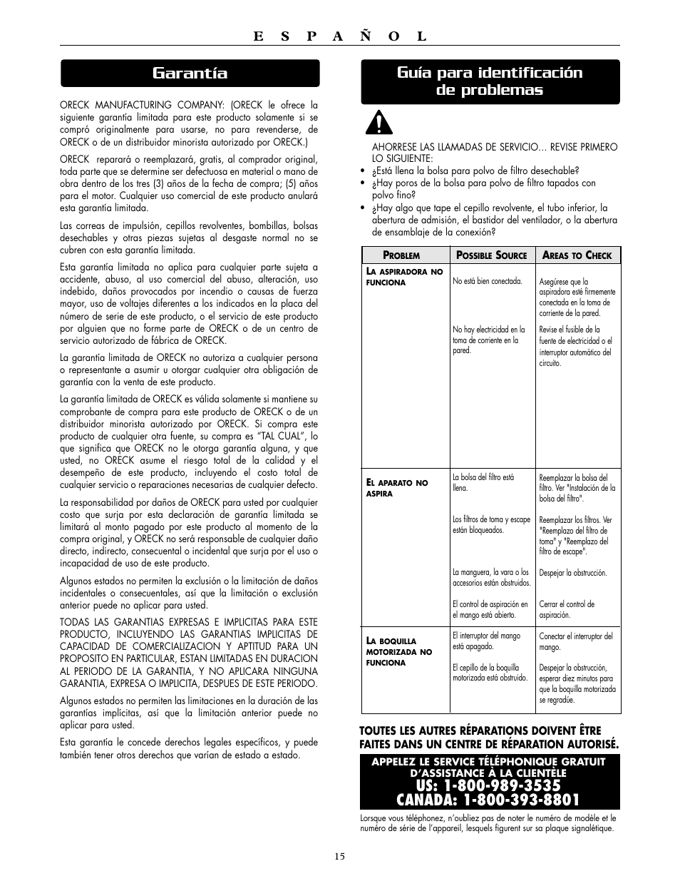 Arantía, Uía para identificación de problemas | Oreck DUTCHTECH DTX 1100 User Manual | Page 8 / 19
