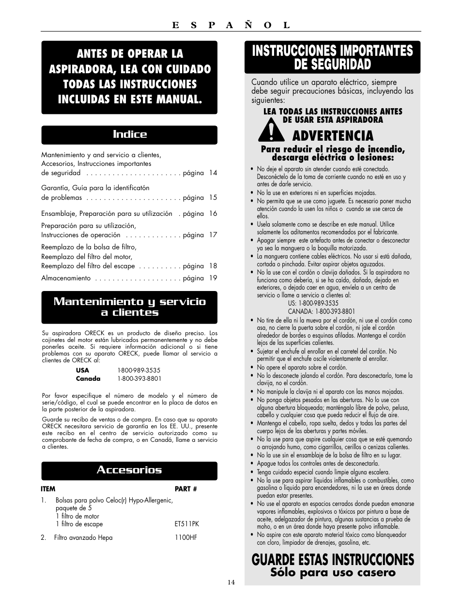 Advertencia, Antenimiento y servicio a clientes, Ccesorios | Sólo para uso casero | Oreck DUTCHTECH DTX 1100 User Manual | Page 9 / 19