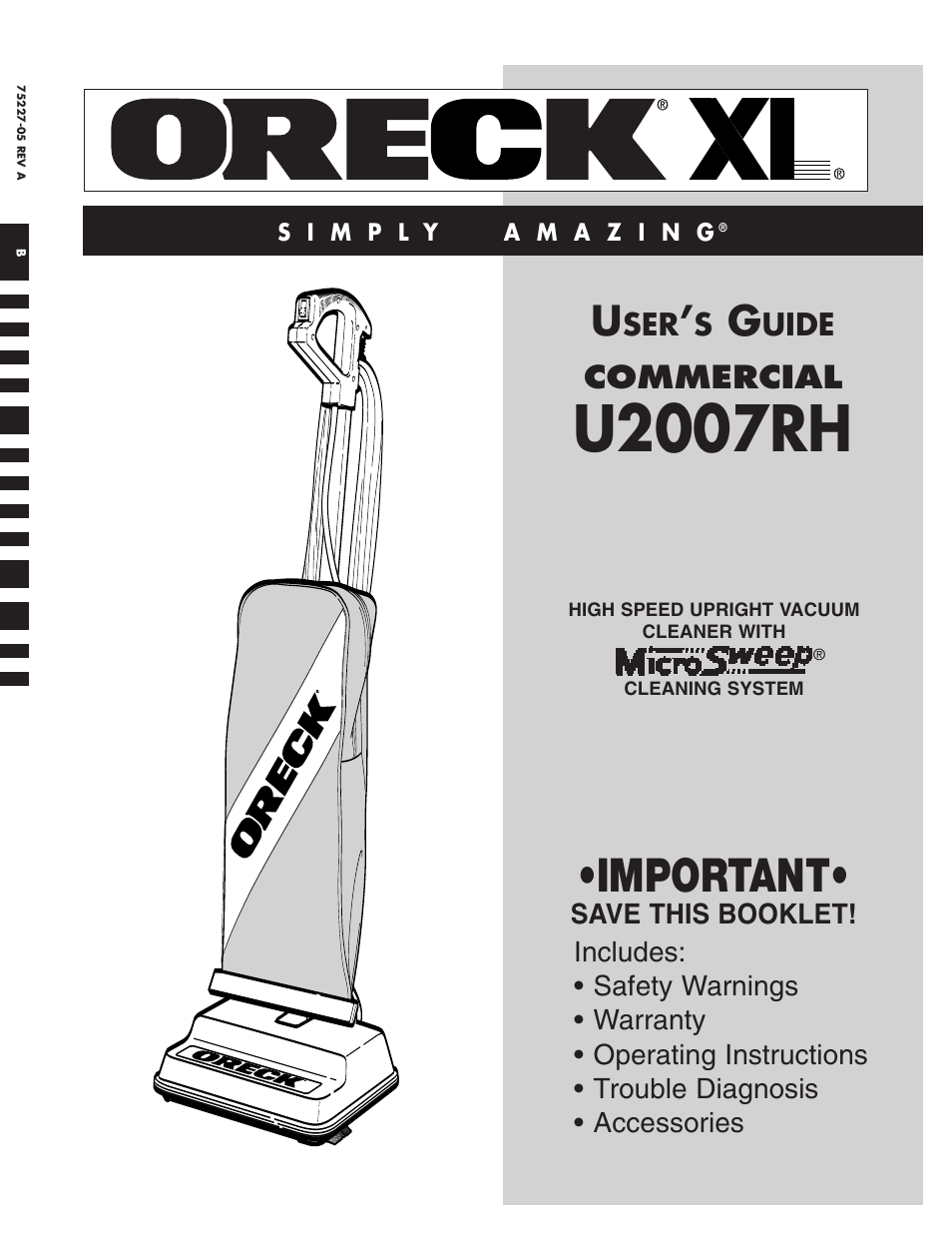 Oreck XL U2007RH User Manual | 8 pages