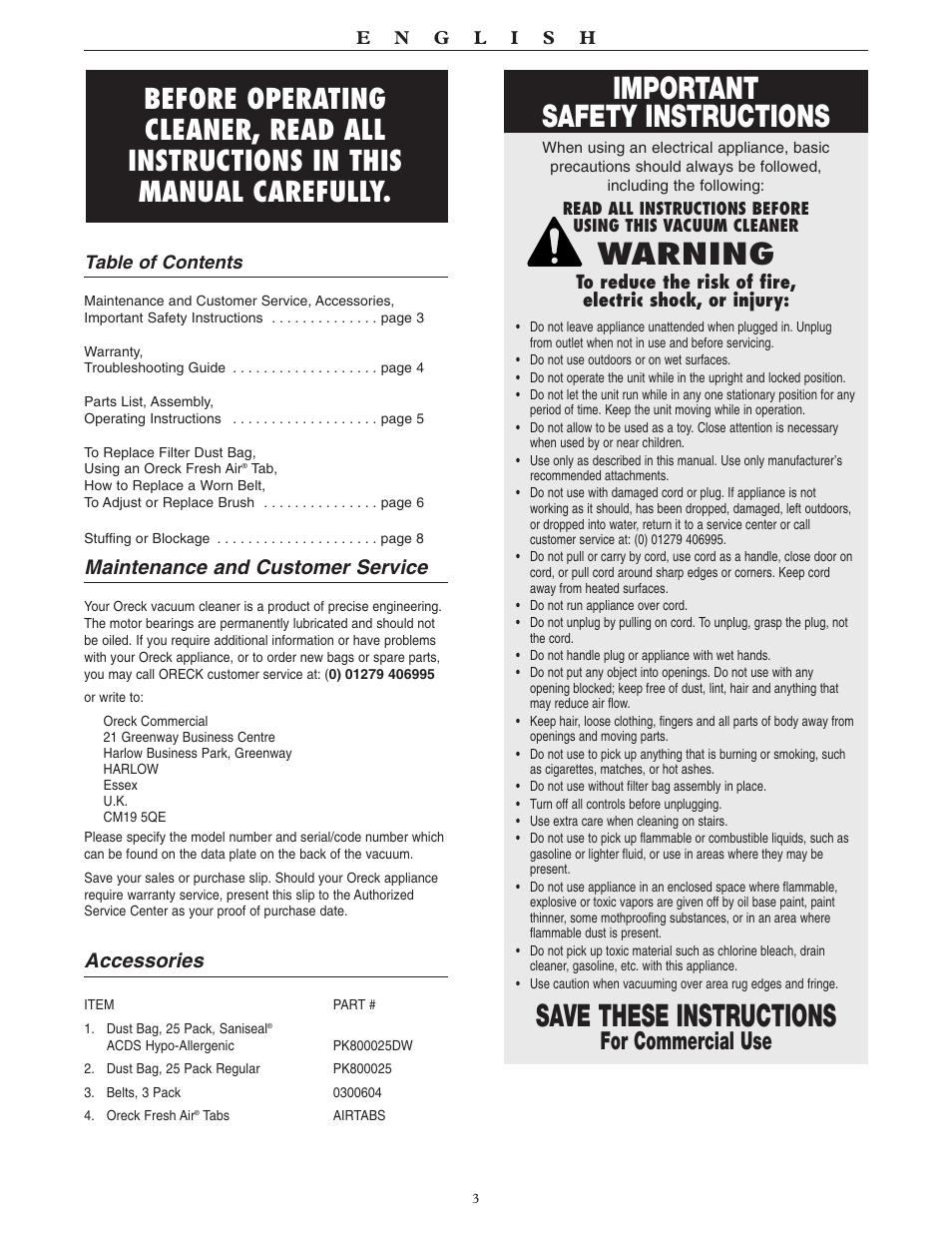 Important safety instructions, Save these instructions, Warning | For commercial use, Maintenance and customer service, Accessories | Oreck XL U2007RH User Manual | Page 3 / 8