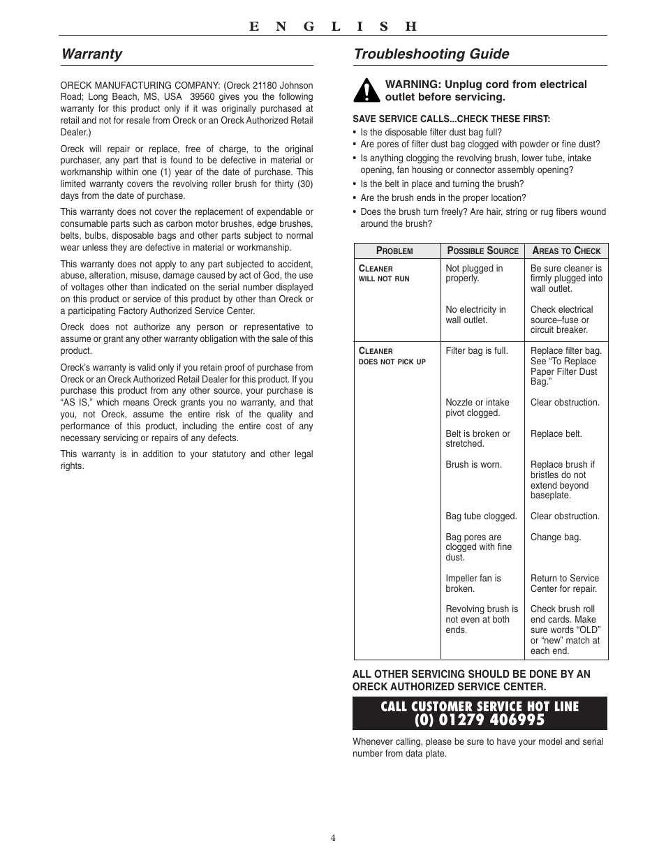 Warranty, Troubleshooting guide, Call customer service hot line | Oreck XL U2007RH User Manual | Page 4 / 8