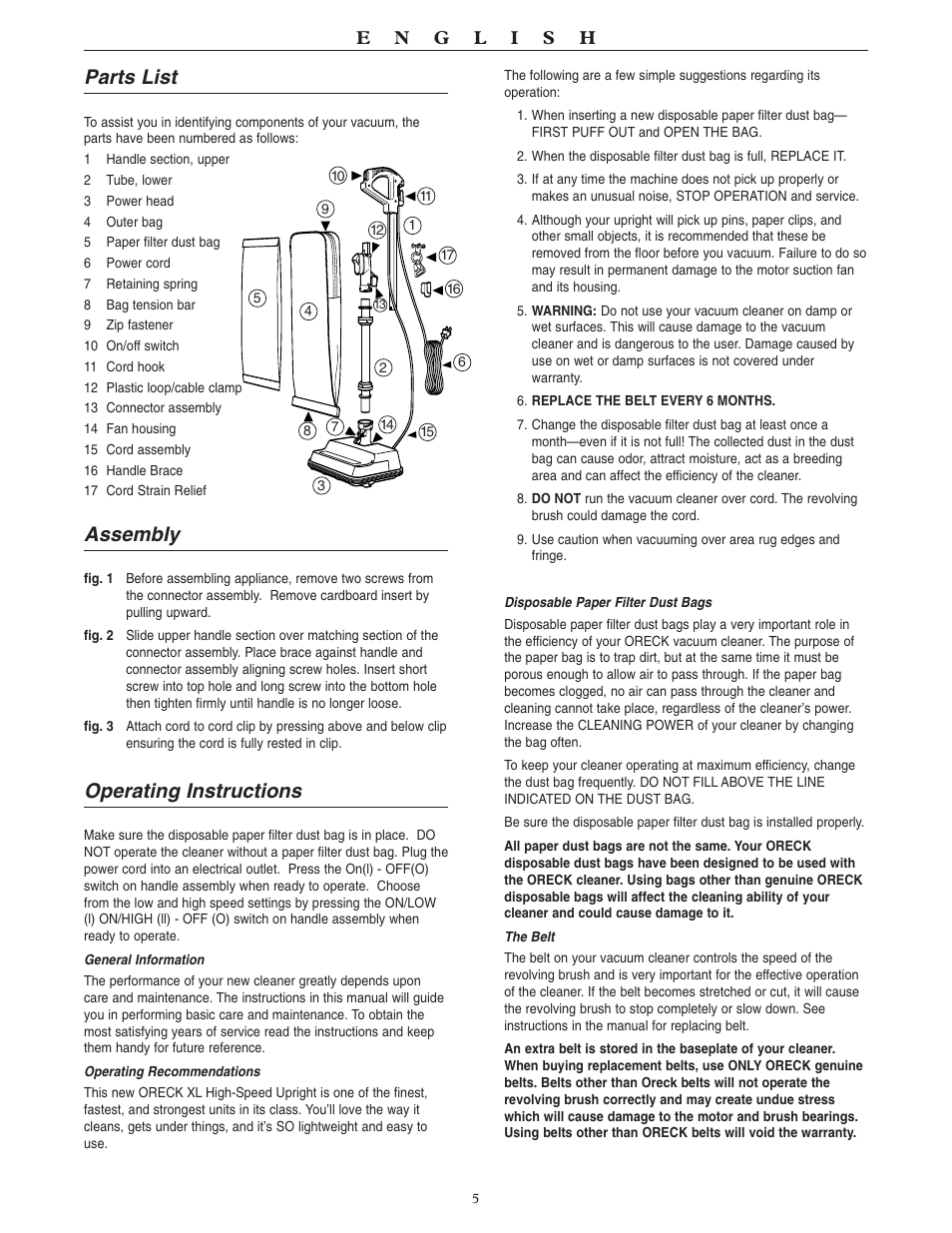 Parts list, Assembly, Operating instructions | Oreck XL U2007RH User Manual | Page 5 / 8