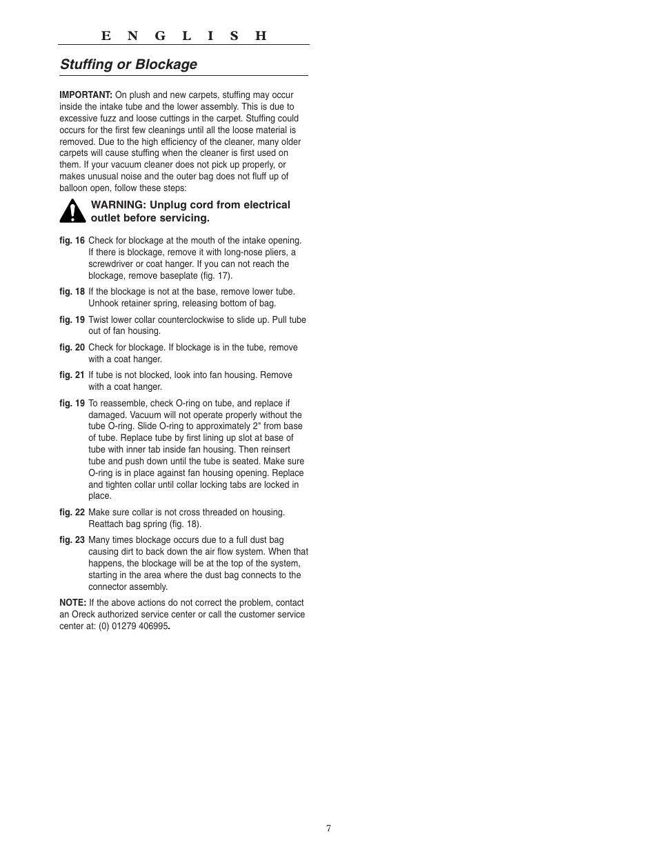 Stuffing or blockage | Oreck XL U2007RH User Manual | Page 7 / 8