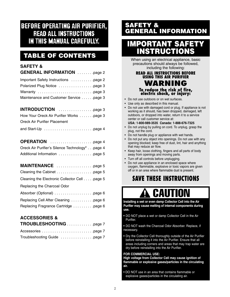 Caution, Important safety instructions, Warning | Save these instructions, Table of contents safety & general information | Oreck XL Рrofessional air purifier  AIR8 Series User Manual | Page 2 / 8