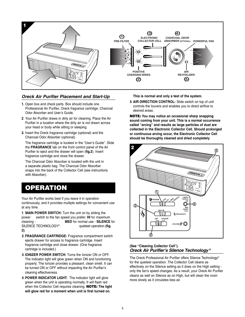 Operation, Oreck air purifier placement and start-up, Oreck air purifier’s silence technology | Oreck XL Рrofessional air purifier  AIR8 Series User Manual | Page 4 / 8