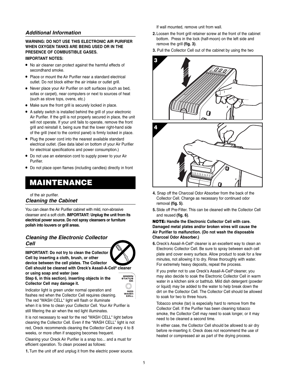 Maintenance, Additional information, Cleaning the cabinet | Cleaning the electronic collector cell | Oreck XL Рrofessional air purifier  AIR8 Series User Manual | Page 5 / 8