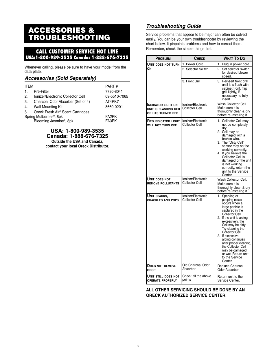 Accessories & troubleshooting, Call customer service hot line, Troubleshooting guide | Oreck XL Рrofessional air purifier  AIR8 Series User Manual | Page 7 / 8