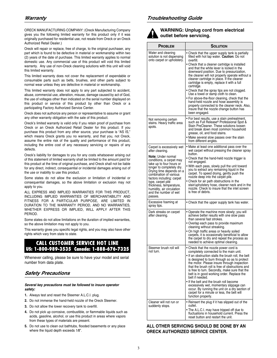 Warranty, Troubleshooting guide, Safety precautions | Call customer service hot line | Oreck XL SHIELD Power Scrubber M900 User Manual | Page 3 / 8